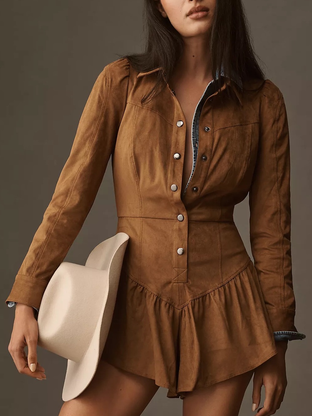 SAYLOR Faux-Suede Long-Sleeve Tan Button-Front Western Cowgirl Urban Playsuit